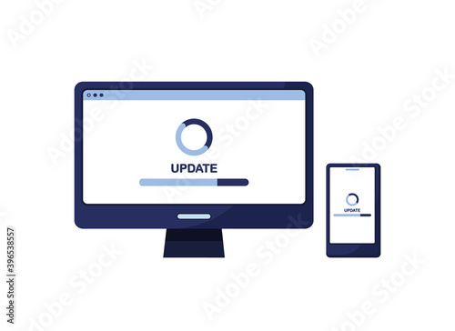 Set vector illustration of business marketing.  Computer, PC and phone, mobile. Update, download, loading improvements. Screen page. Settings, software. Blue. On white background. Eps 10