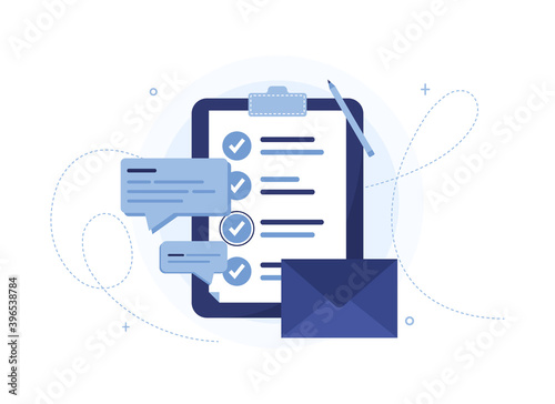 Vector illustration of a to-do list with letter and messages. Page of work performed, preparation of the questionnaire, filling out documents. Organizer. Blue notebook, tablet. Check mark