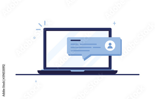 Notice messages on computer laptop with user profile. Workplace with a completed employee questionnaire for work. Social network page. Blue. On white background