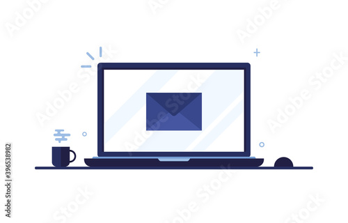 Vector banner illustration of email marketing. Workplace at home, in the office. Laptop. Letter in envelope. Send messages. Receiving a notes by mail. Monitor screen. Blue. Eps 10