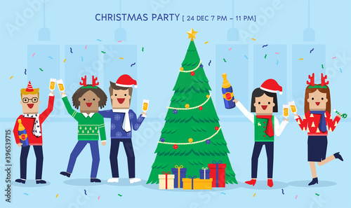Illustration vector office ugly sweater Christmas party of young man and woman on new year eve night with Christmas costume.