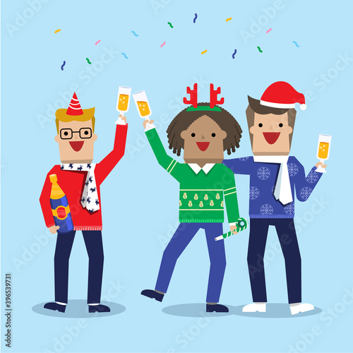 Illustration vector office ugly sweater Christmas party of young man and woman on new year eve night with Christmas costume.