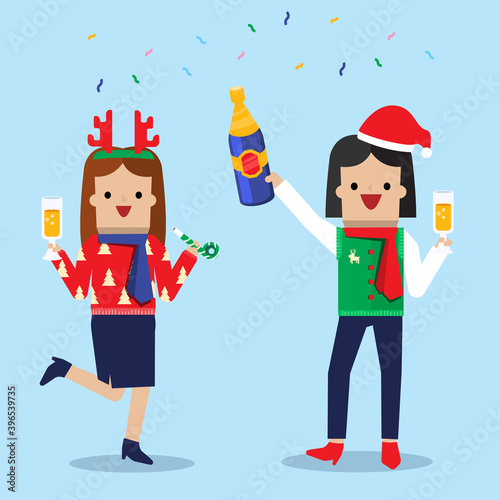 Illustration vector office ugly sweater Christmas party of young man and woman on new year eve night with Christmas costume.