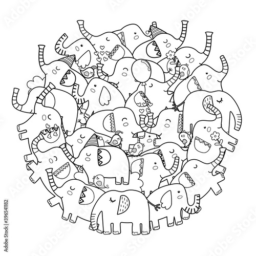 Circle shape coloring page with cute elephants. Mandala with animals