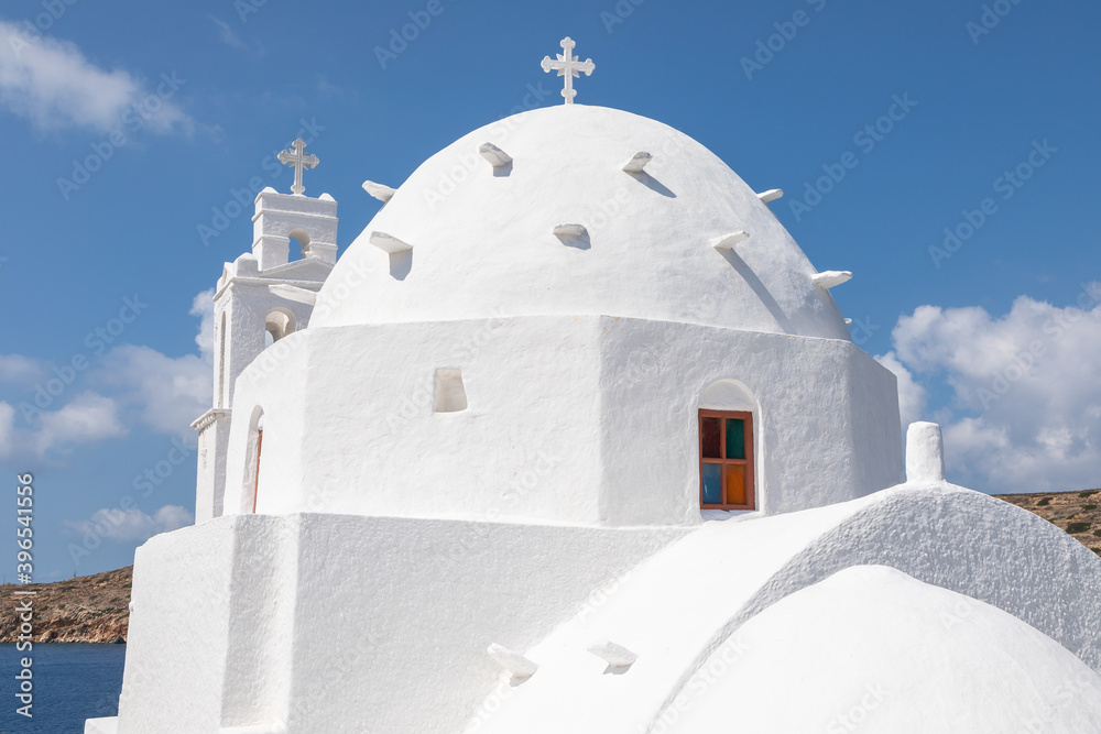 View of the Agia Irini, Saint Irene, Greek Orthodox church, Chora, Ios Island, Greece.