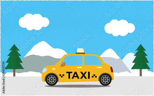 冬、山沿いの道を進む黄色いタクシーのベクターイラスト © ICIM