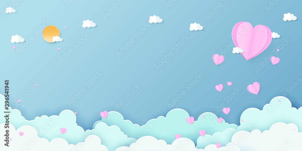 Paper art of Valentine day festival with heart-shaped paper and  cloud shape paper and sun-shaped paper on the blue sky, vector illustration.