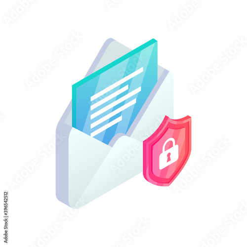 Secure email service isometric icon. Safe Mobile mail, 3d e-mail sign with shield. Private data in social network, sms chat protection, cyber security vector symbol for web, landing, app, infographic
