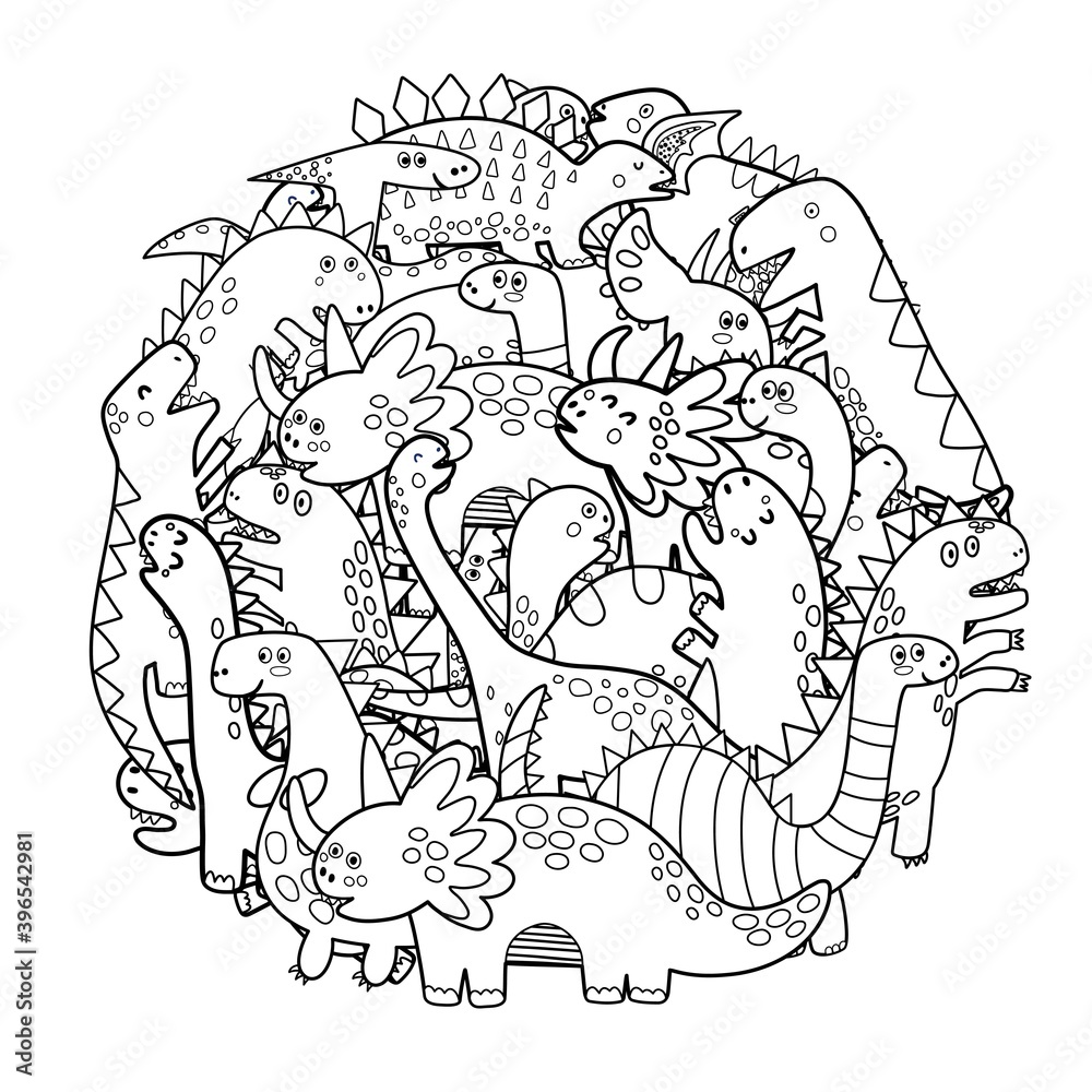 Circle shape coloring page with cute dinosaurs. Mandala with dinos