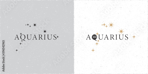 Zodiac Constellation Aquarius Stars and Logo Lettering with Aquarius Zodiac Sign Symbol - Black and Beige Elements on White Grunge Background - Contrast Graphic Design