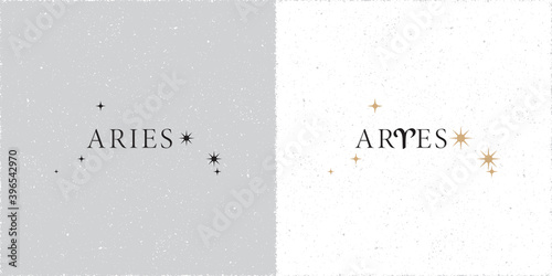 Zodiac Constellation Aries Stars and Logo Lettering with Aries Zodiac Sign Symbol - Black and Beige Elements on White Grunge Background - Contrast Graphic Design