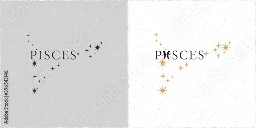 Zodiac Constellation Pisces Stars and Logo Lettering with Pisces Zodiac Sign Symbol - Black and Beige Elements on White Grunge Background - Contrast Graphic Design