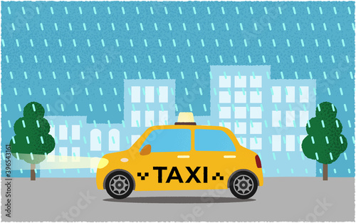 豪雨の中、ライトを点けて都市の道路を進む黄色いタクシーのベクターイラスト © ICIM