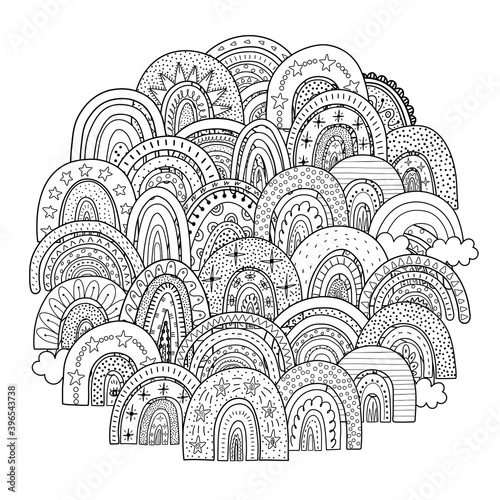 Doodle rainbows circle shape pattern for coloring book. Black and white magic print