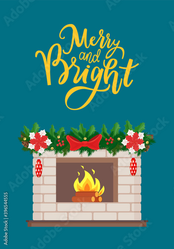 Merry and bright Christmas greetings, fireplace made of stone, burning fire, wooden logs and vector. Flame in hearth, spruce and mistletoe, pine cones and bows