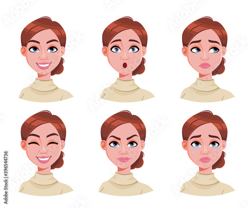 Face expressions of cute woman with brown hair