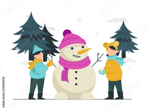 Kids playing with snowman