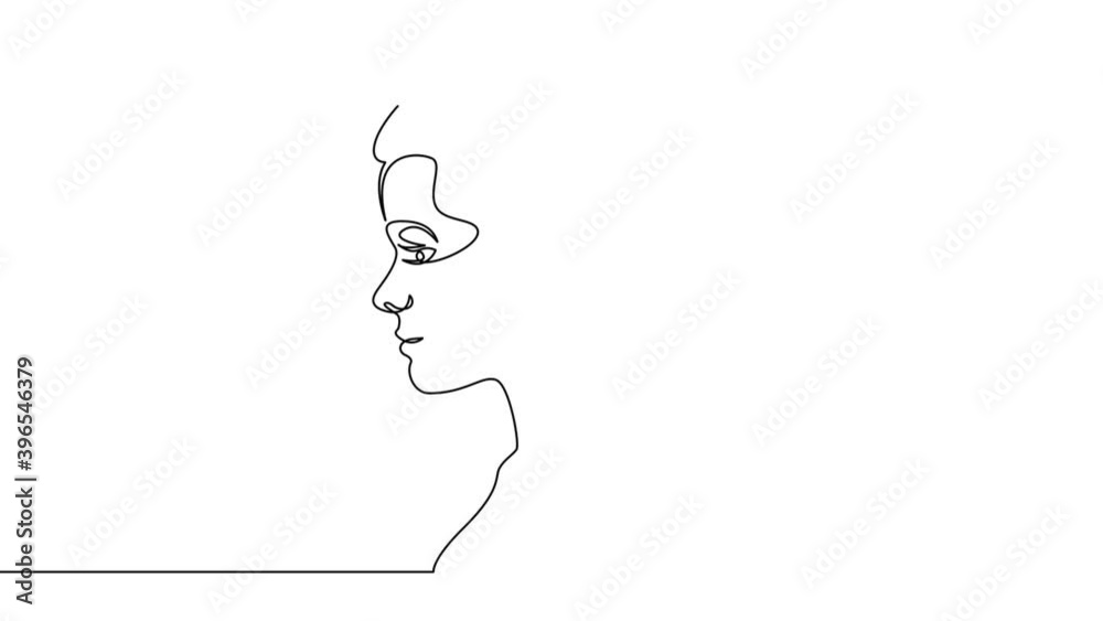 Self drawing simple animation of single continuous one line drawing female, face, beauty, girl, portrait, view, woman, side . Drawing by hand, black lines on a white background. 