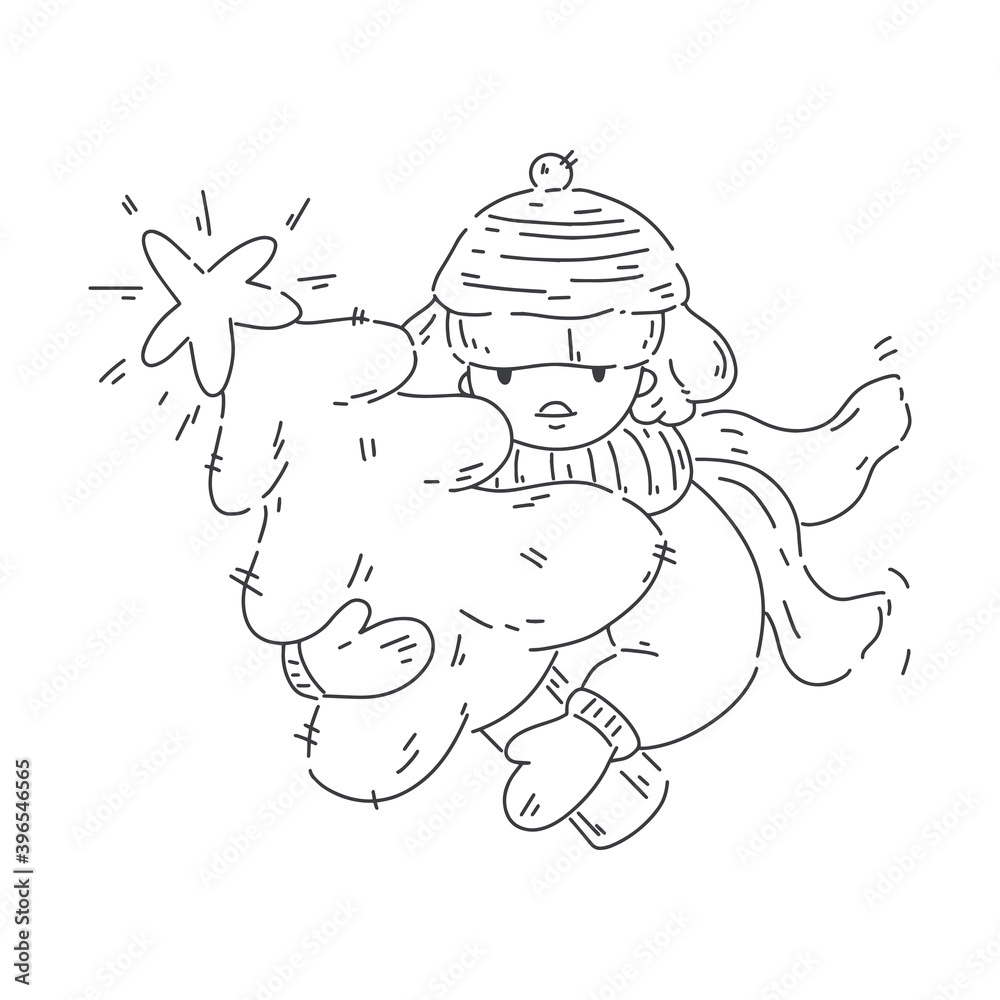 Cute christmas illustration on white background. Little girl holding fir tree. Gifts boxes around. Vector line illustration for greeting cards, packaging, postcard, banners. Happy winter vacation. Cute christmas illustration on white background. Little girl holding fir tree. Gifts boxes around. Vector line illustration for greeting cards, packaging, postcard, banners. Happy winter vacation.