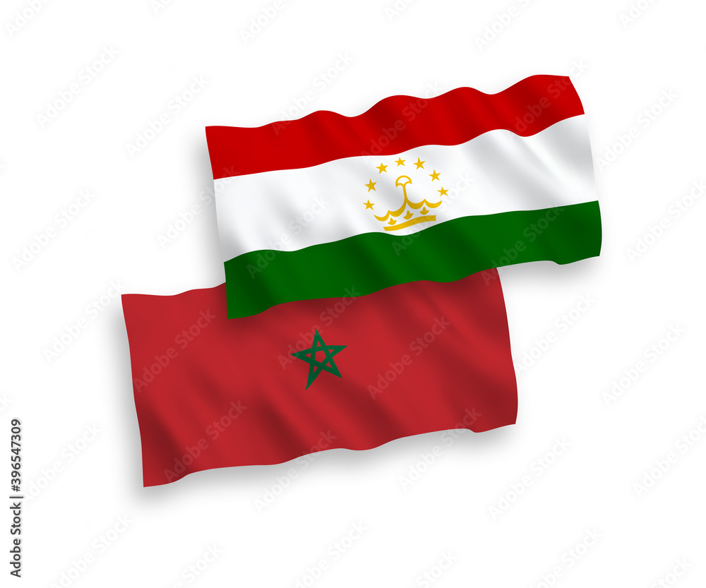 National vector fabric wave flags of Tajikistan and Morocco isolated on white background. 1 to 2 proportion.