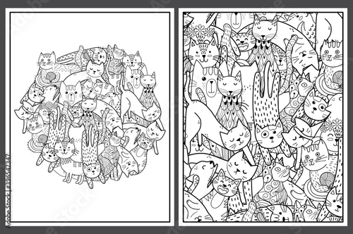 Coloring pages set with cute cats. Doodle feline animals for coloring book