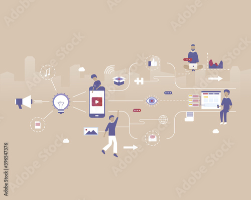 Content Marketing. Blog and Vlog elements. Vector illustration with Web communication idea for telework, remote working, social media, business, start up
