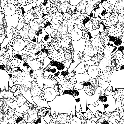 Cute farm animals black and white seamless pattern. Coloring page with funny doodle characters