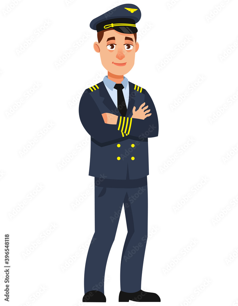 Airplane pilot with his arms crossed. Male character in cartoon style. Airplane pilot with his arms crossed. Male character in cartoon style.