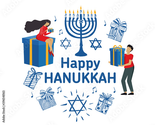 Happy Hanukkah, people with presents.