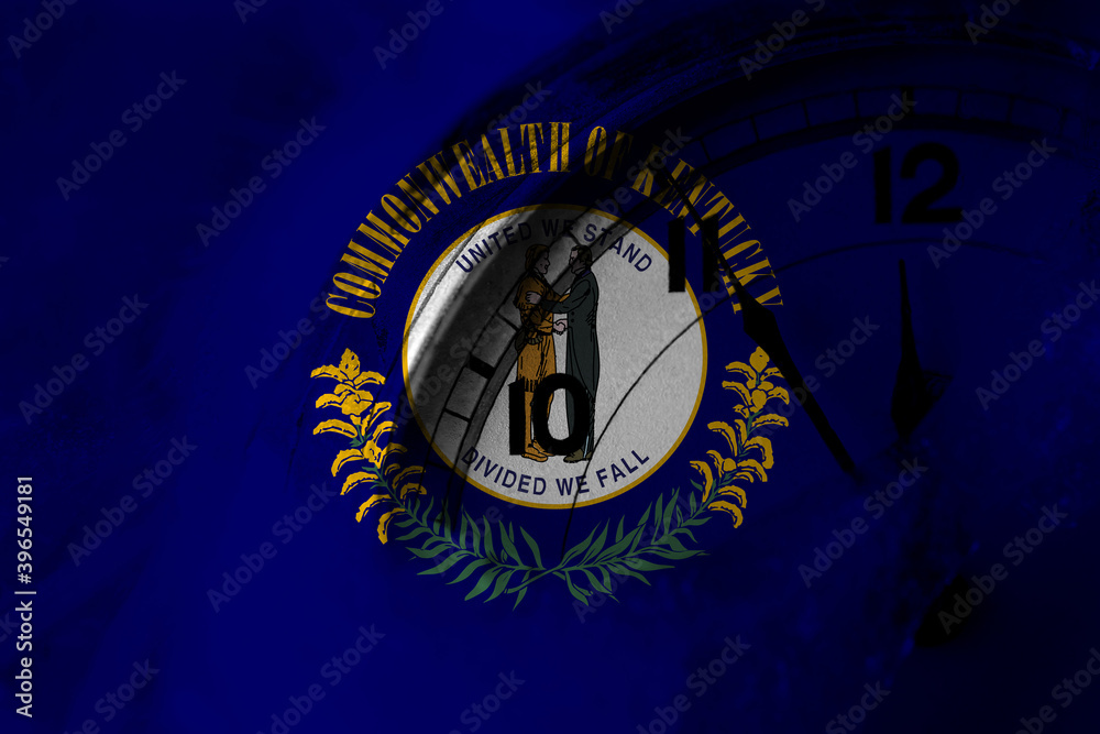 Obraz premium United States of America, America, US, USA, American, Kentucky flag with clock close to midnight in the background. Happy New Year concept