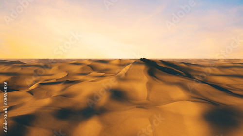 Endless flight in the endless hot desert with dunes and sandy mountains. 3d illustration