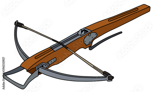 The vectorized hand drawing of a historical wooden crossbow