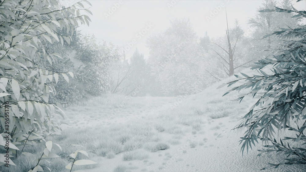 Winter snowfall in the forest, gentle lovely snowy Christmas morning with falling snow. Winter landscape. Snow covered trees and trails. Fog. Ultra realistic 3d illustration Winter snowfall in the forest, gentle lovely snowy Christmas morning with falling snow. Winter landscape. Snow covered trees and trails. Fog. Ultra realistic 3d illustration
