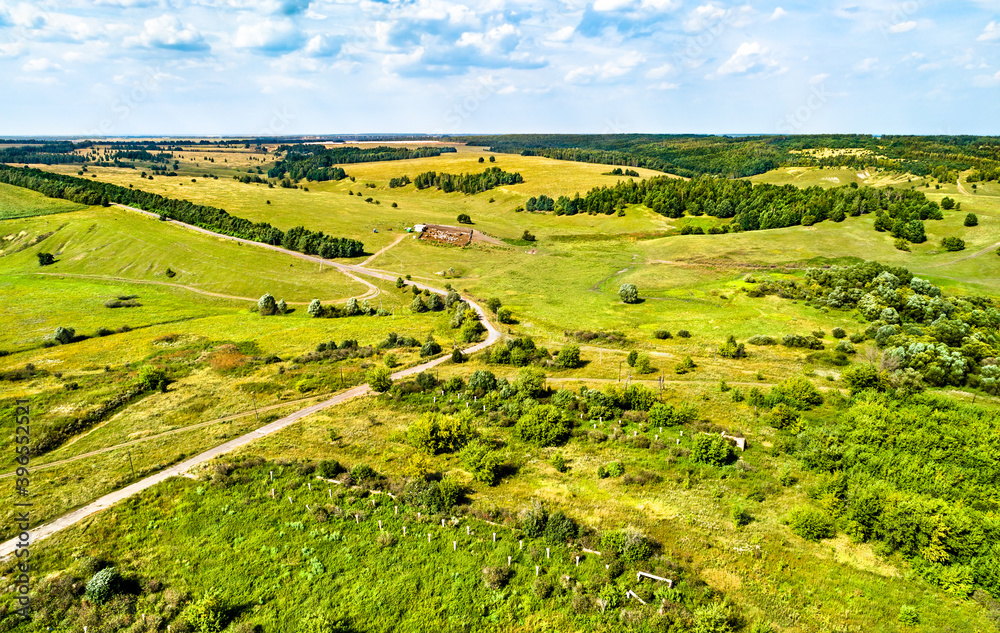 Aerial landscape of the Central Russian Upland. Lukyanchikovo village, Kursk region.