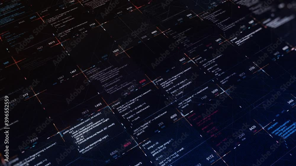 Multiple source codes on digital background. Animation. Program codes ...