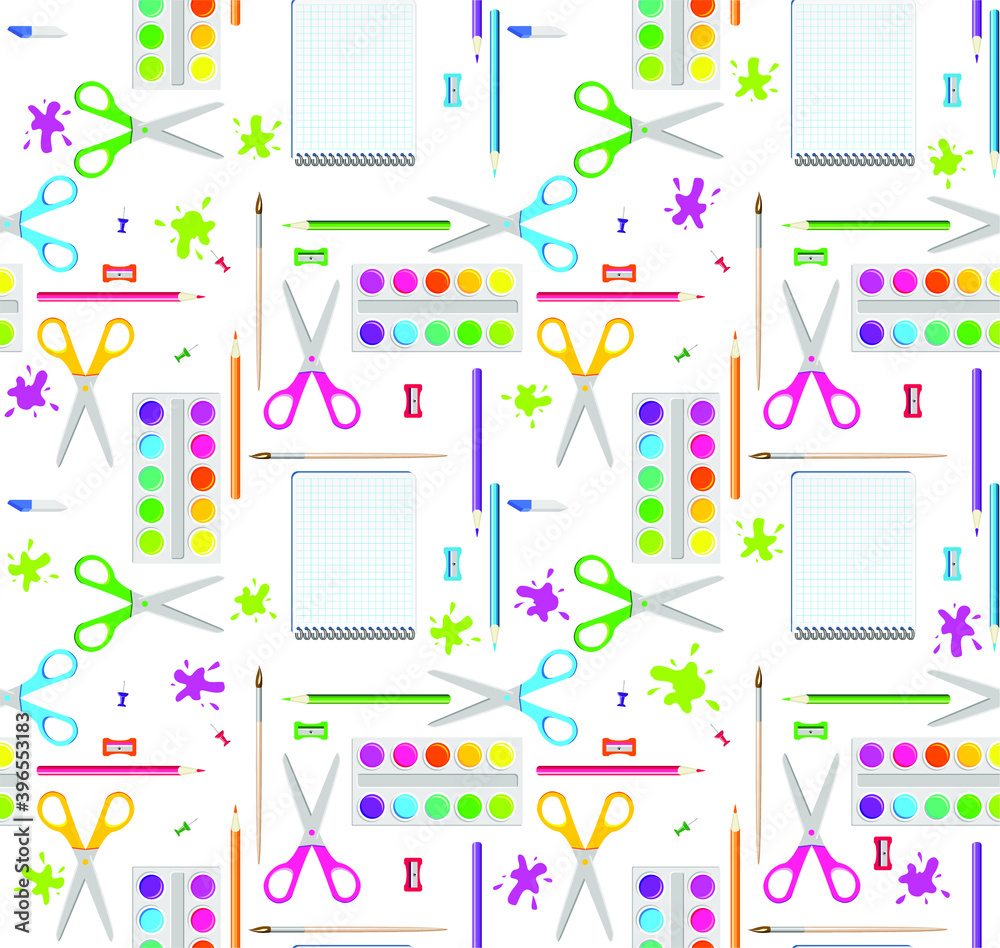 Seamless vector background with stationery for children's creativity. Pattern with paints, scissors, notebook, paper clips, buttons, sharpener, eraser, brushes, paper, pencils. School supplies