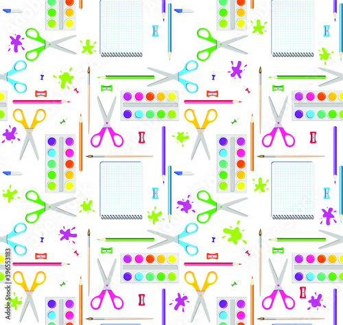 Seamless vector background with stationery for children's creativity. Pattern with paints, scissors, notebook, paper clips, buttons, sharpener, eraser, brushes, paper, pencils. School supplies