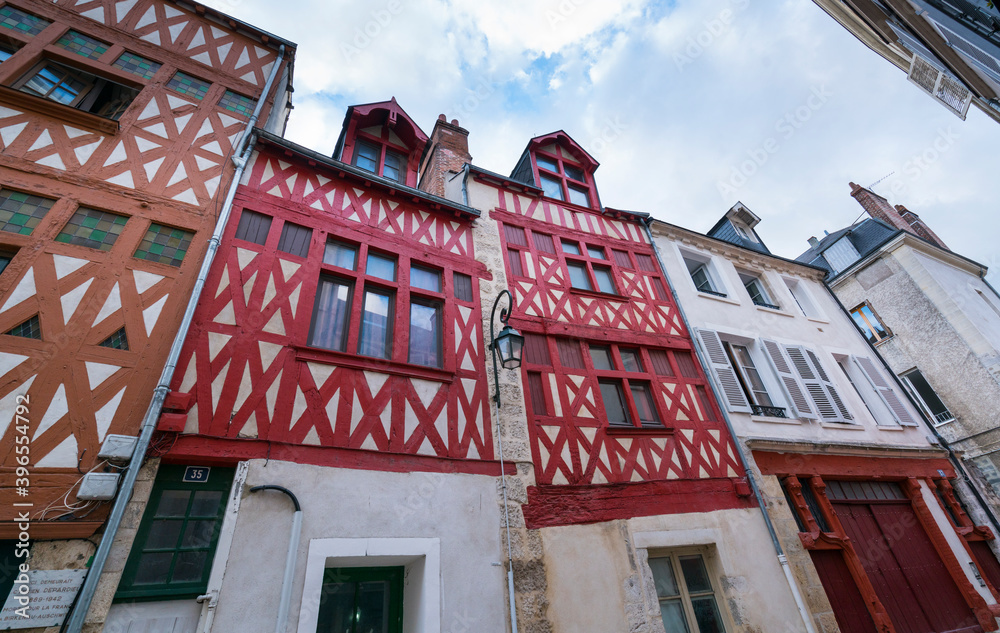 Obraz premium Wooden frame facade, Old wooden architecture, Orleans City, Loiret Department, The Loire Valley, France, Europe