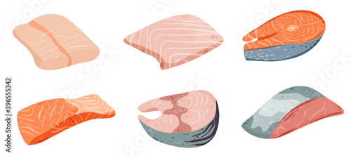 Different fishes and fillet set isolated on white vector illustration. Ocean, river fauna. Healthy diet food design element. Omega sources in cartoon style.