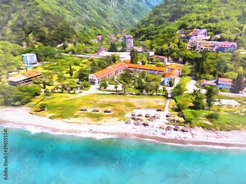 View from drone on Black sea coast resort colorful painting looks like picture.