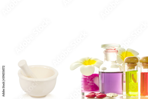 bottles with natural aroma oil isolate on white background.