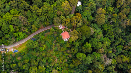 Fototapeta Naklejka Na Ścianę i Meble -  Aerial view With a house in the middle of the forest in the countryside with green