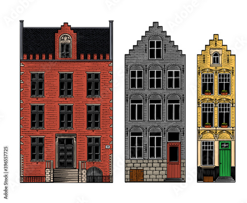 Amsterdam houses. Urban residential buildings. Scandinavian style. European city. Hand drawn monochrome doodle vector illustration 