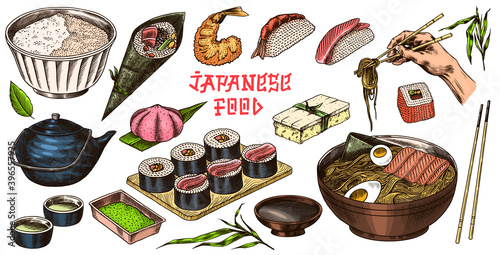 Japanese food set. Sushi bar, ramen noodles, soup in a bowl, roll and dessert, Asian tea. Soy sauce. Hand holds chopsticks. Drawn engraved sketch. Monochrome doodle style. Vector illustration