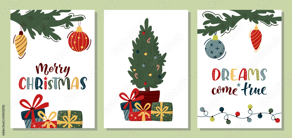 Obraz Set of vertical Merry Christmas Cards with Decorated Fir Tree Branches, Christmas Tree, gift boxes and Xmas lettering. Vector design element. For covers, invitations, posters, banners, flyers