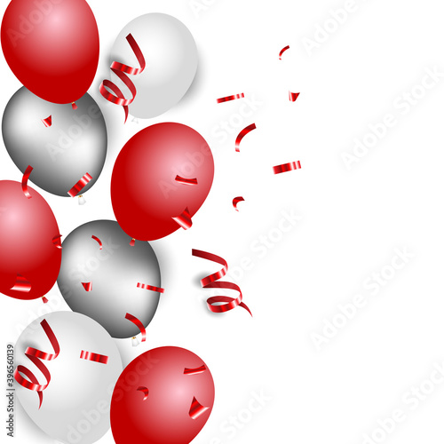 Festive banner with red confetti and balloons