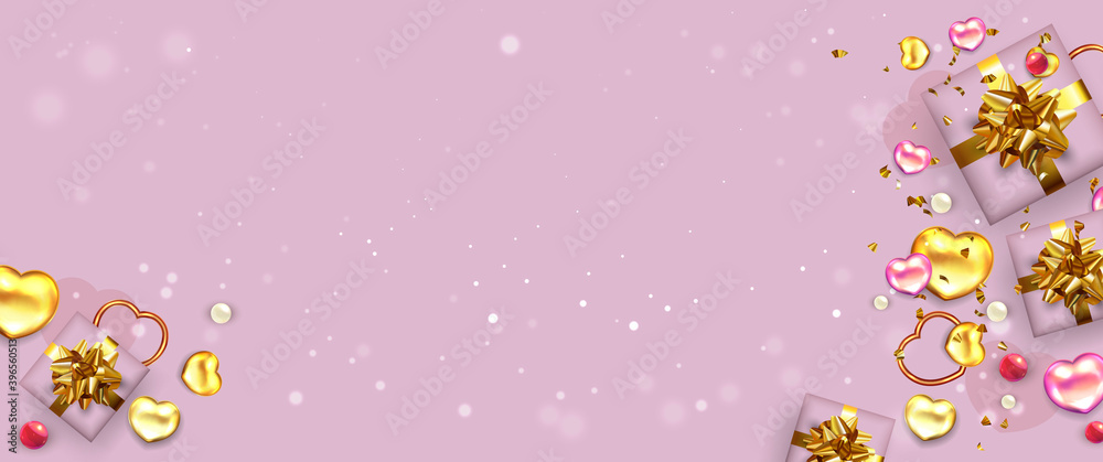 Valentine's Day banner. Background with realistic festive gifts box and hearts.