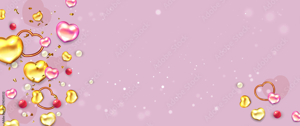 Valentine's Day banner. Background with realistic festive glass hearts.