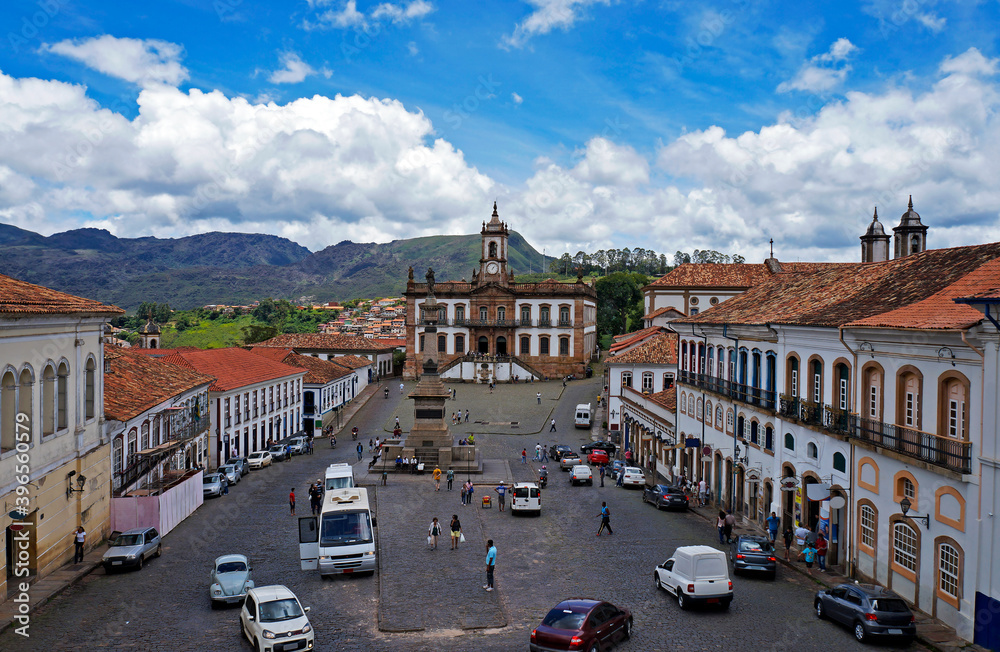 View from the central square in historical city of Ouro Preto with tourists and locals