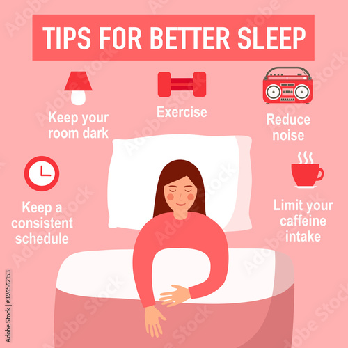 Tips for better sleep at night infographics. Sleeping woman in bedroom and useful advices for better sleep above her.